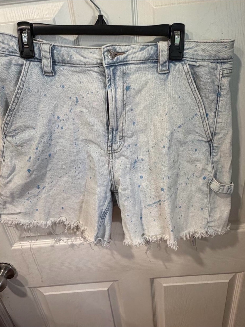 Light Blue Distressed Denim Shorts with Paint Splatter